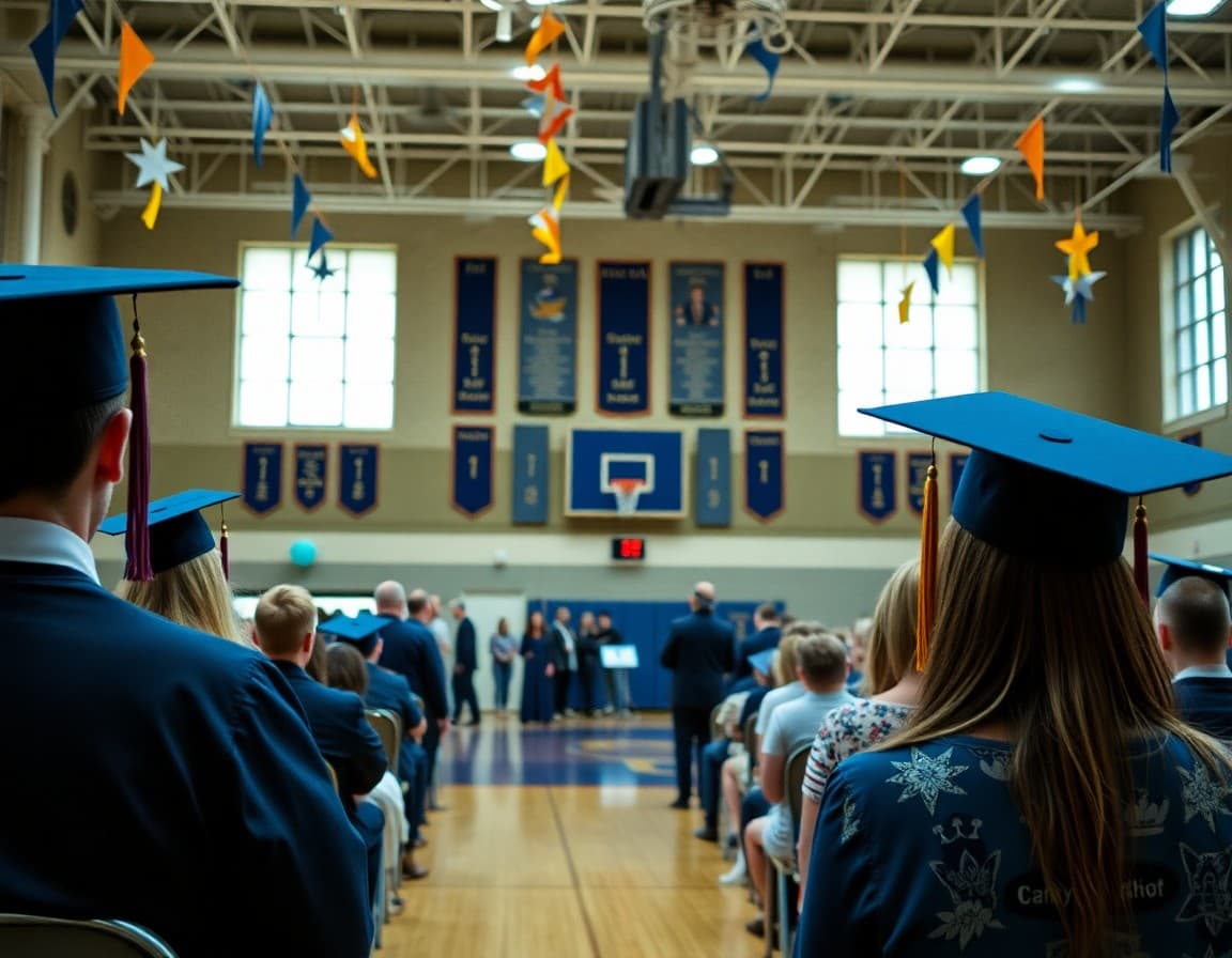 Graduation ceremony decorations in school gymnasium with diploma display and family seating