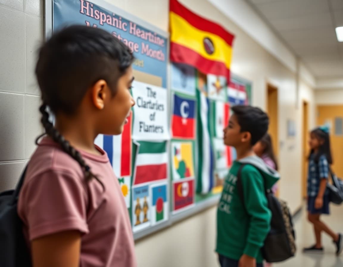 Hispanic Heritage Month student artwork and cultural flags displayed on school hallway bulletin board