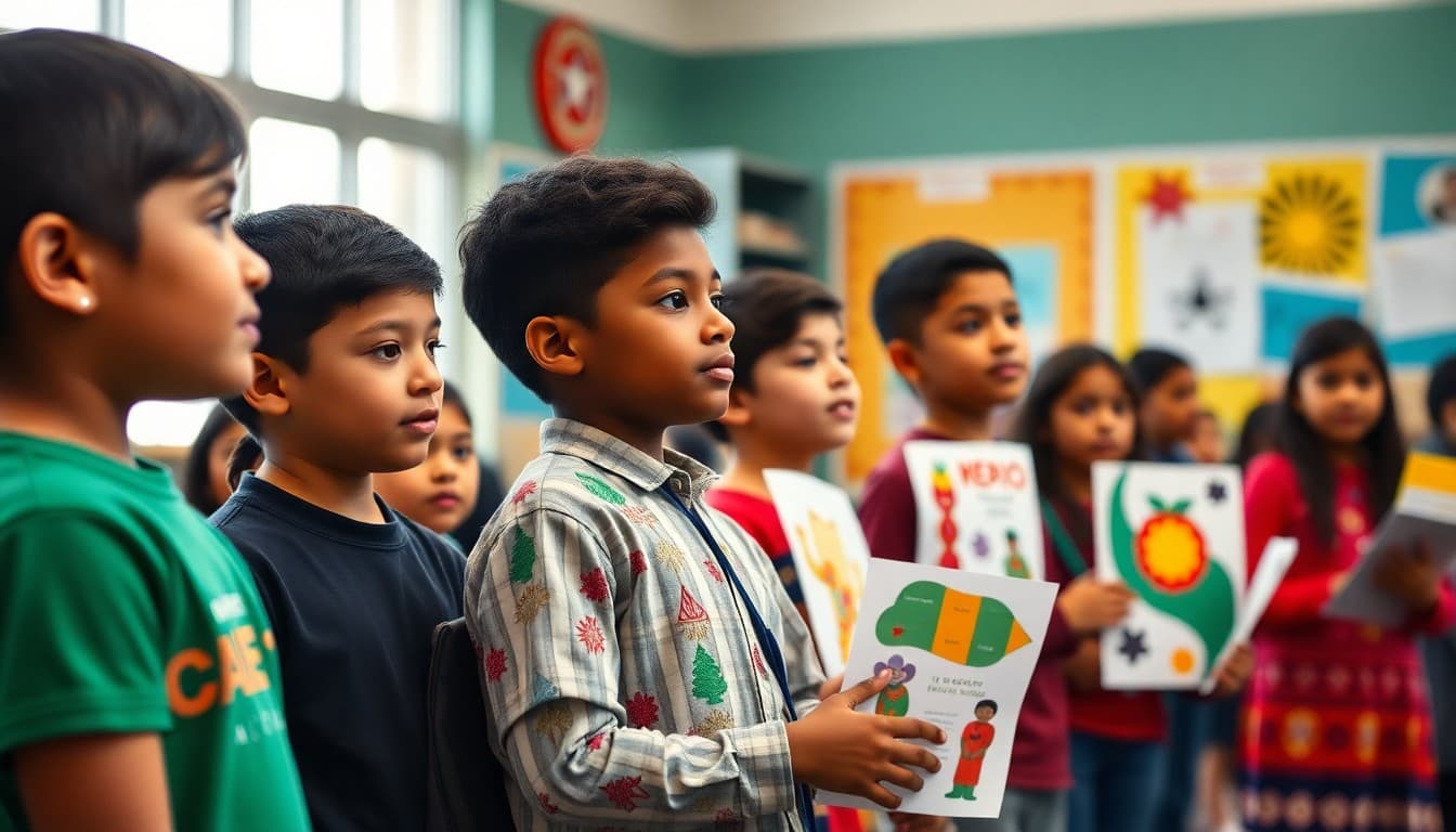 Students presenting Hispanic heritage month projects at school cultural celebration event