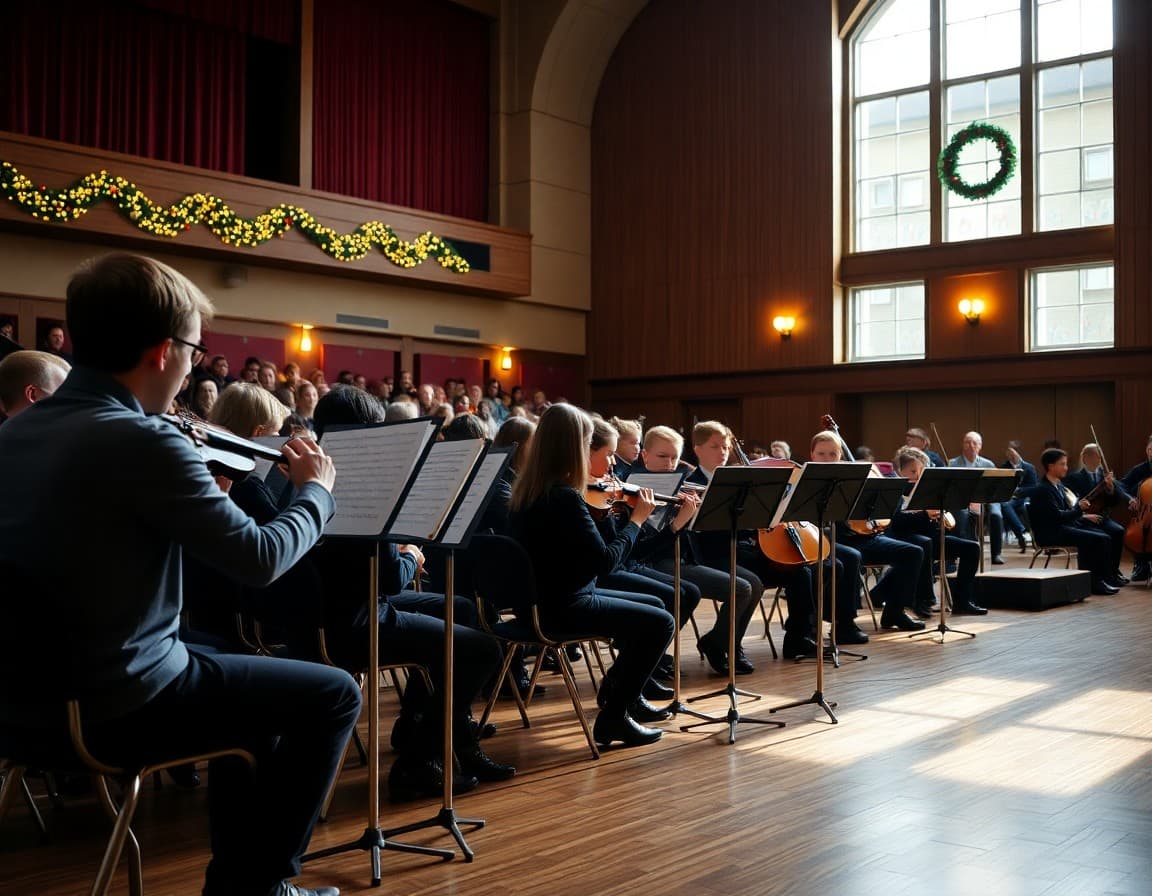 School orchestra warming up before holiday concert with decorated auditorium in background