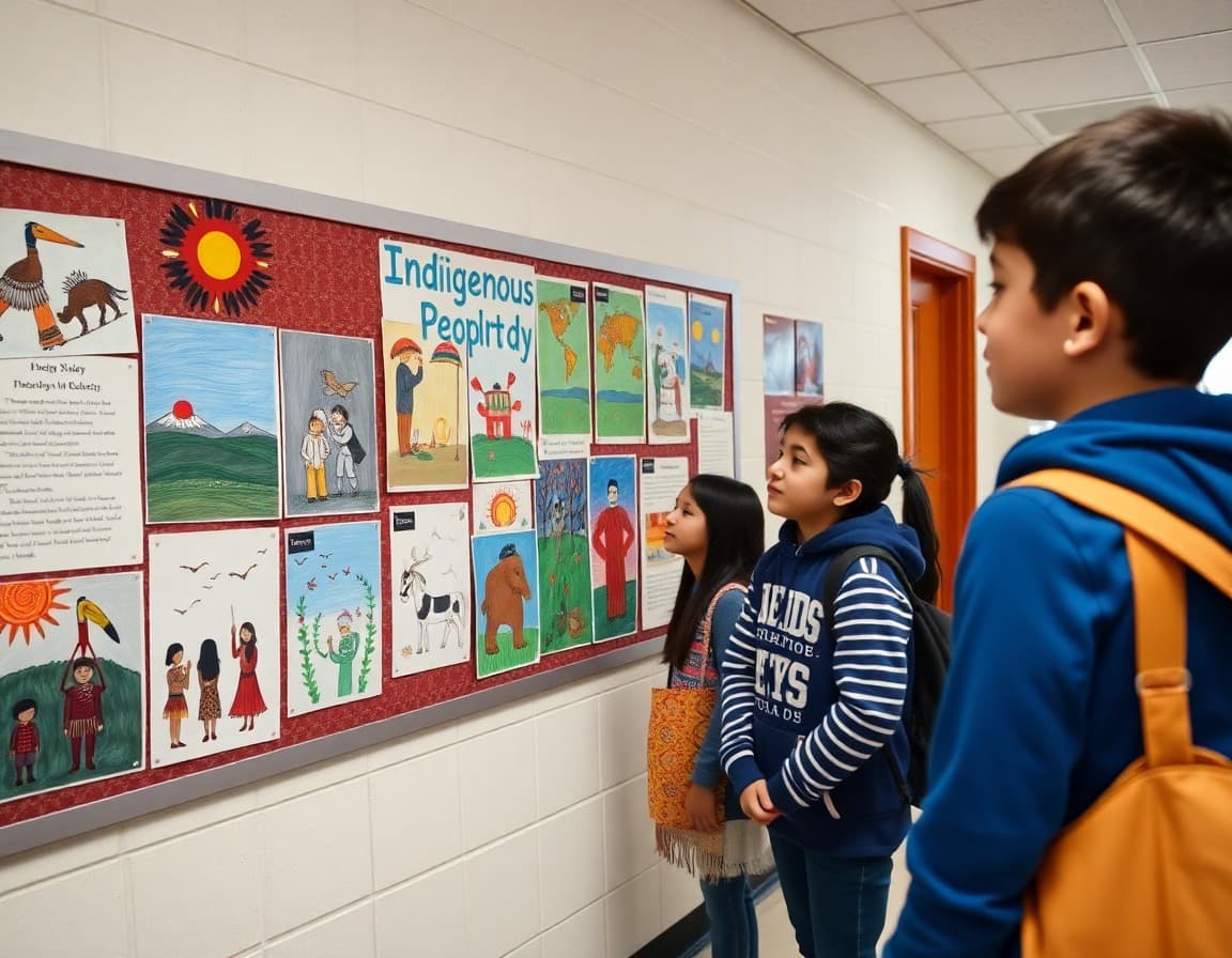 Indigenous Peoples Day student artwork and cultural displays in school hallway bulletin board