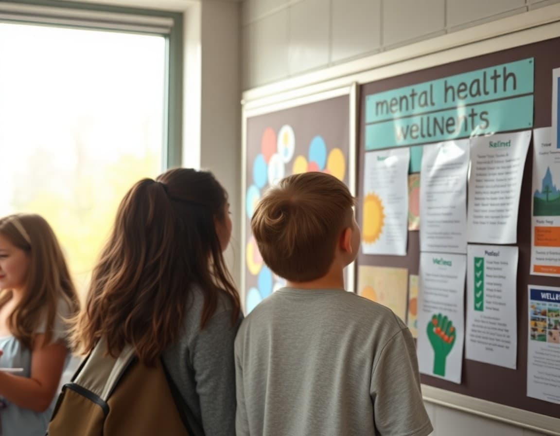 Mental health awareness month student art and wellness resources displayed on school bulletin board