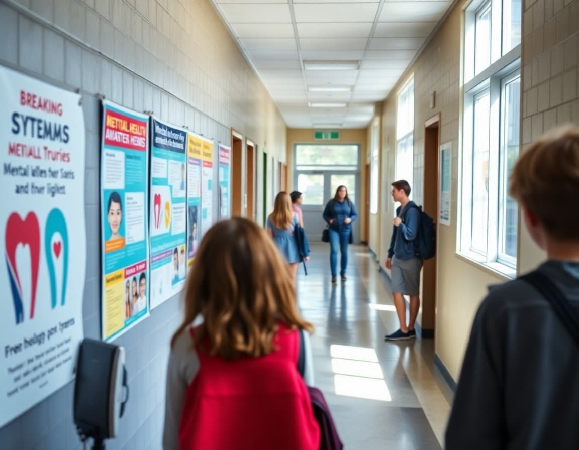 Mental health awareness posters and resources displayed in school hallway breaking stigma