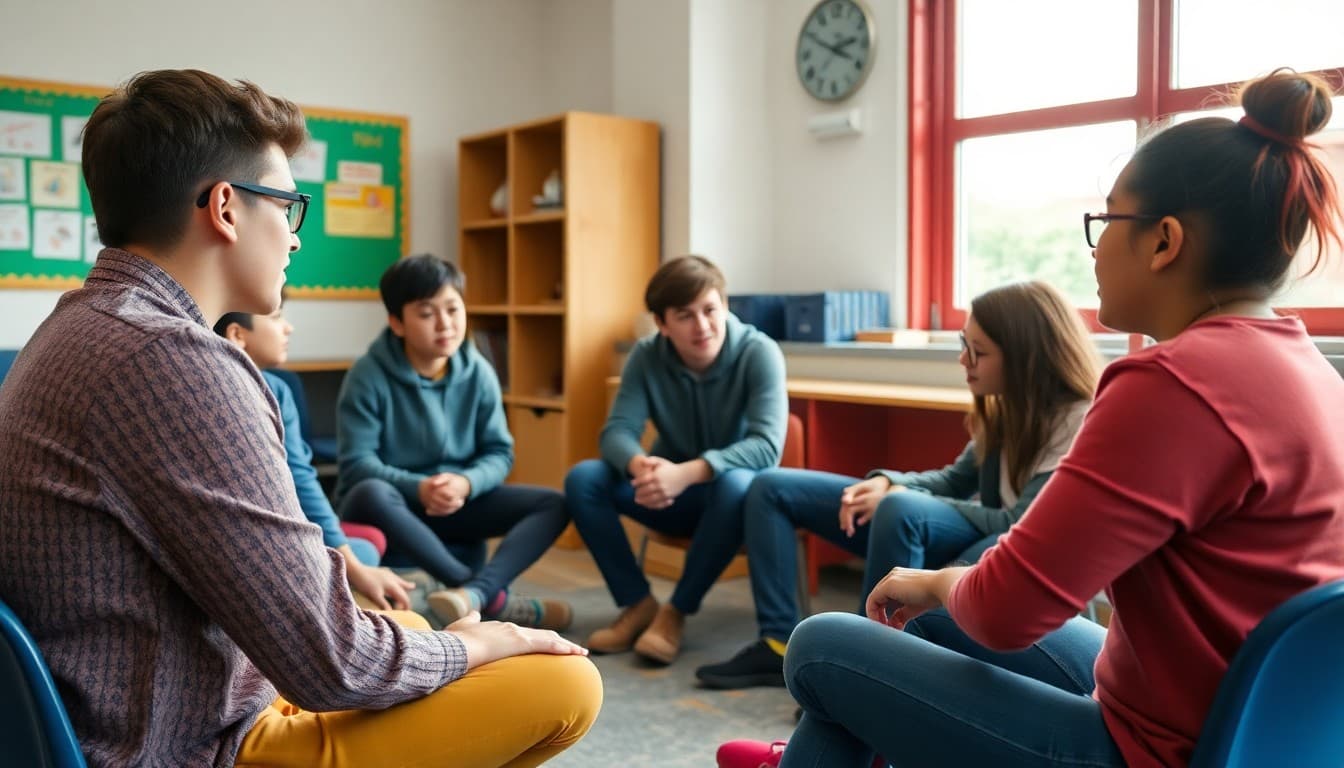 Students in school discussion circle talking about mental health with counselor in inclusive setting