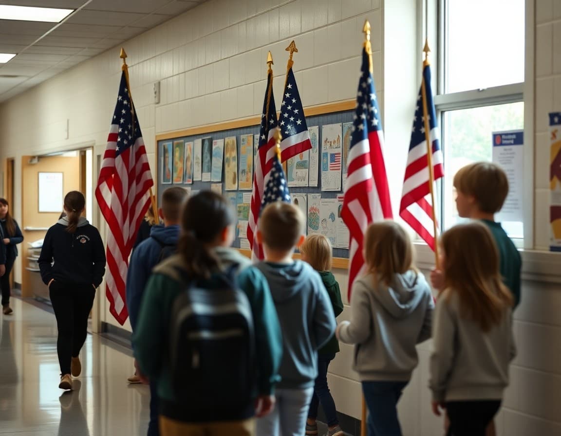 Military appreciation month display with student artwork and American flags in school hallway
