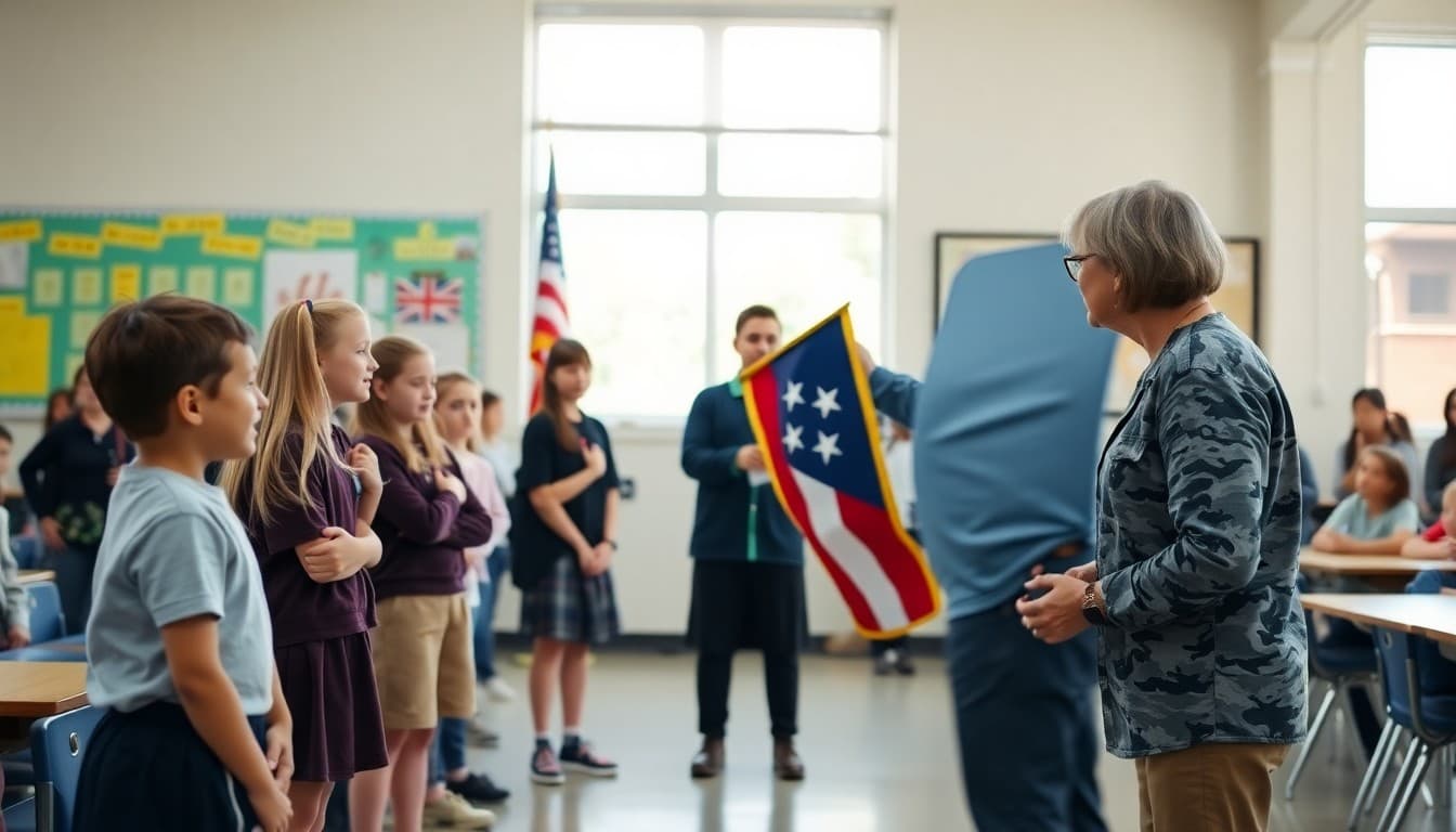 School students presenting flag to military parent at Military Appreciation Month school assembly