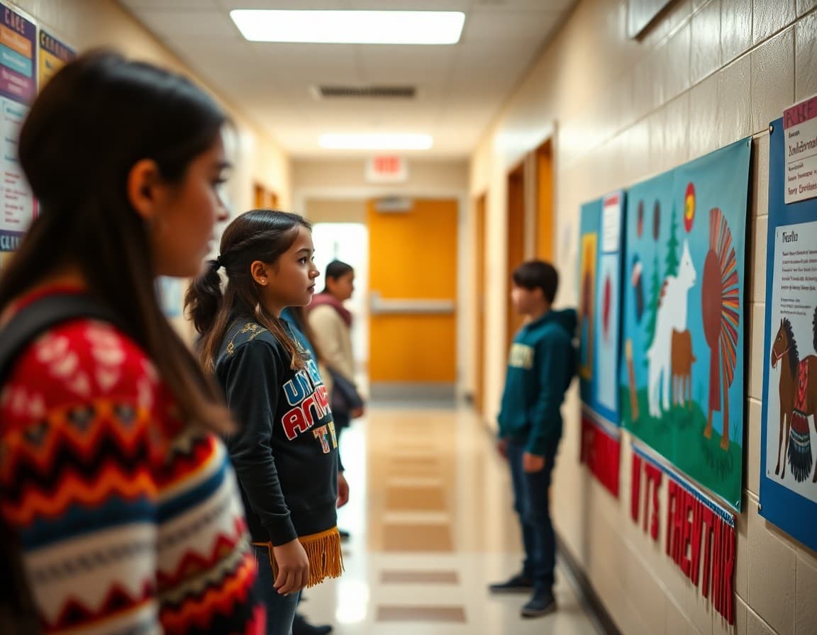 Native American Heritage Month student artwork and cultural learning display in school hallway
