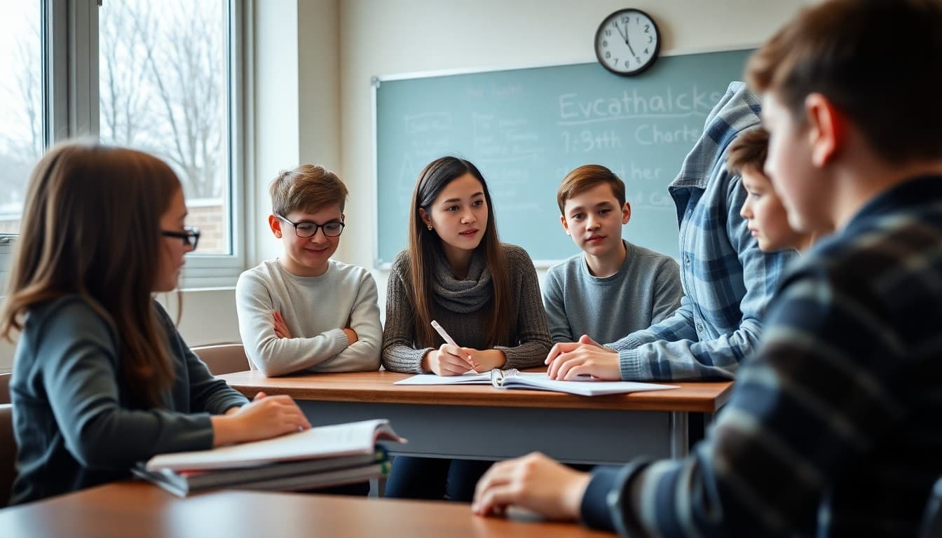 Teacher and students setting academic goals together in classroom on first day of January