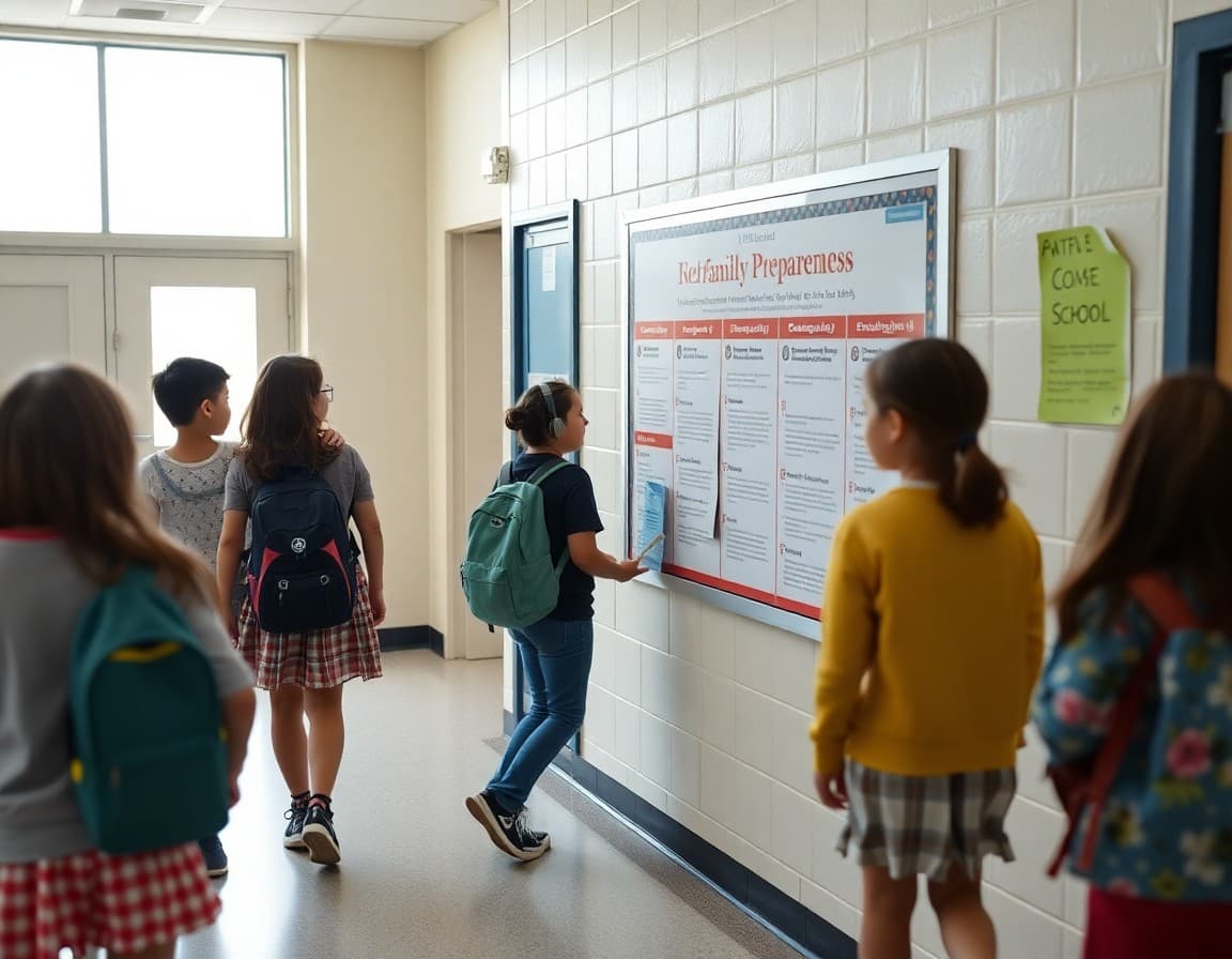 School emergency preparedness information posted on family bulletin board in school hallway
