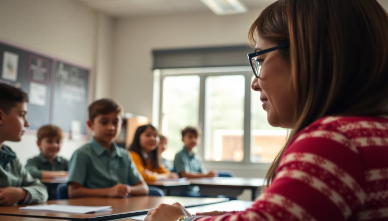 School students practicing emergency drill procedures with teacher in classroom