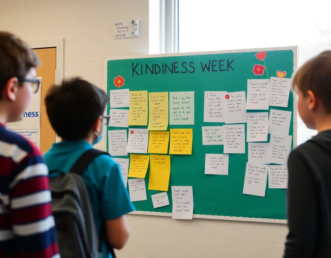 School kindness week activity board with student notes and acts of kindness displayed