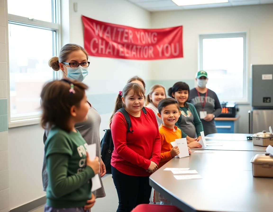 School cafeteria staff being celebrated with banner and student thank-you notes on appreciation day