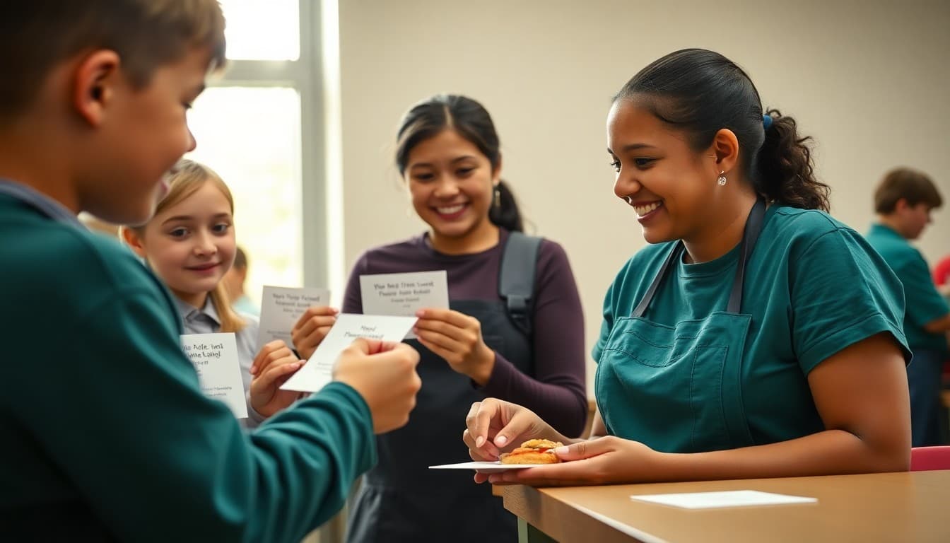 Students handing appreciation cards to smiling cafeteria workers during School Lunch Hero Day