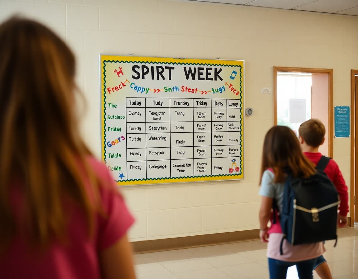 Spirit week daily theme schedule posted on colorful school bulletin board in main hallway