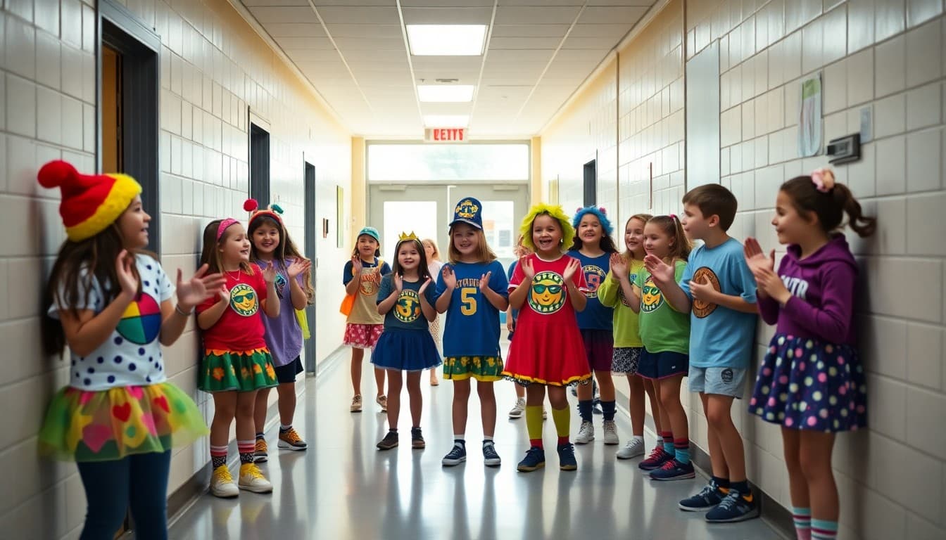 Students dressed in colorful spirit week costumes cheering together in school hallway