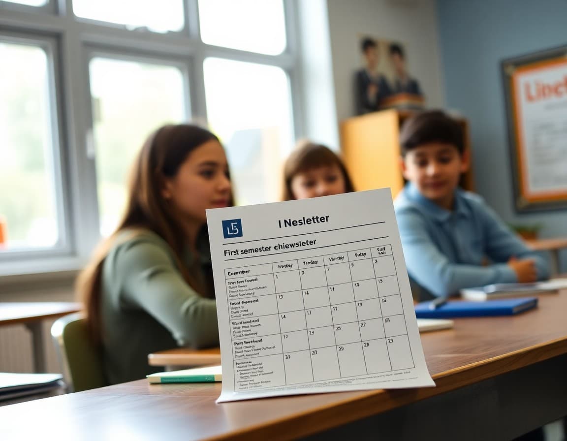 First semester review newsletter on desk with student achievement data and December calendar