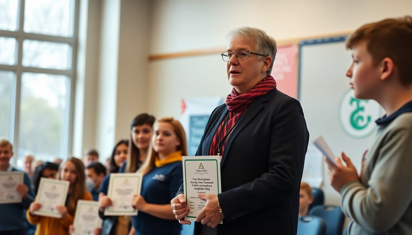 Principal presenting first semester achievement awards to students at December assembly