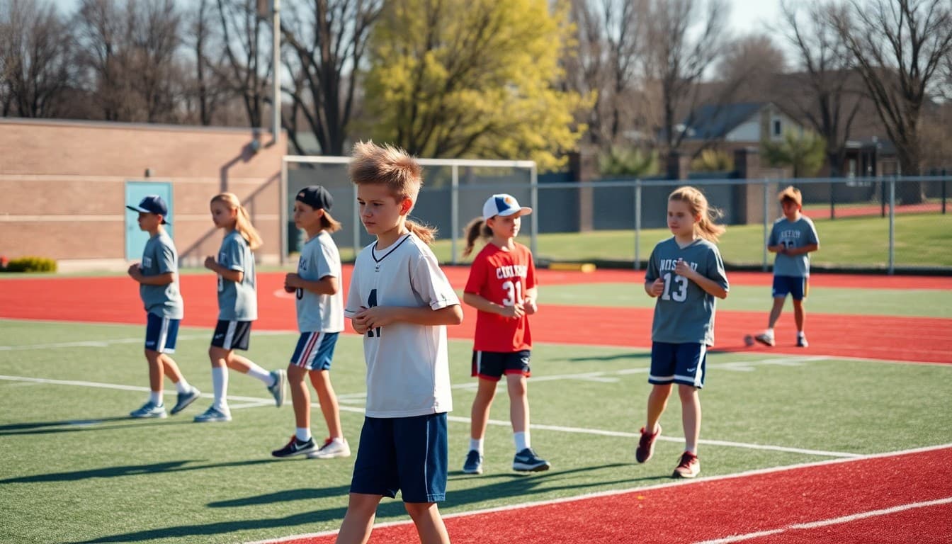 Students in spring sports gear warming up on school athletic field at start of season