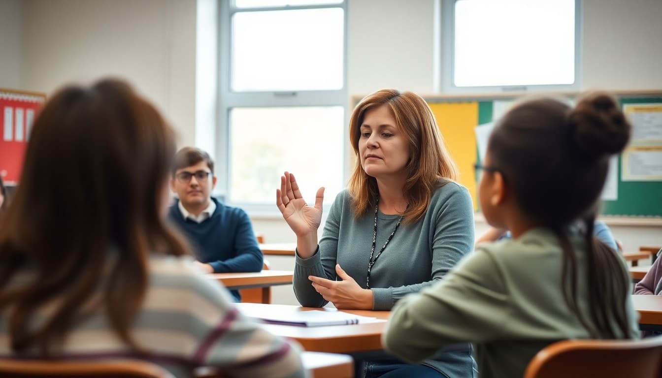 School counselor teaching stress management breathing techniques to students in classroom