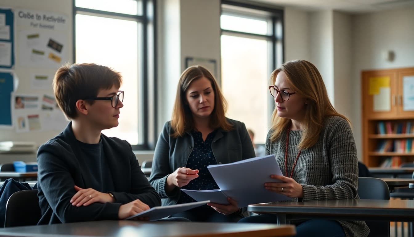 School counselor and social worker reviewing suicide prevention resources for school community