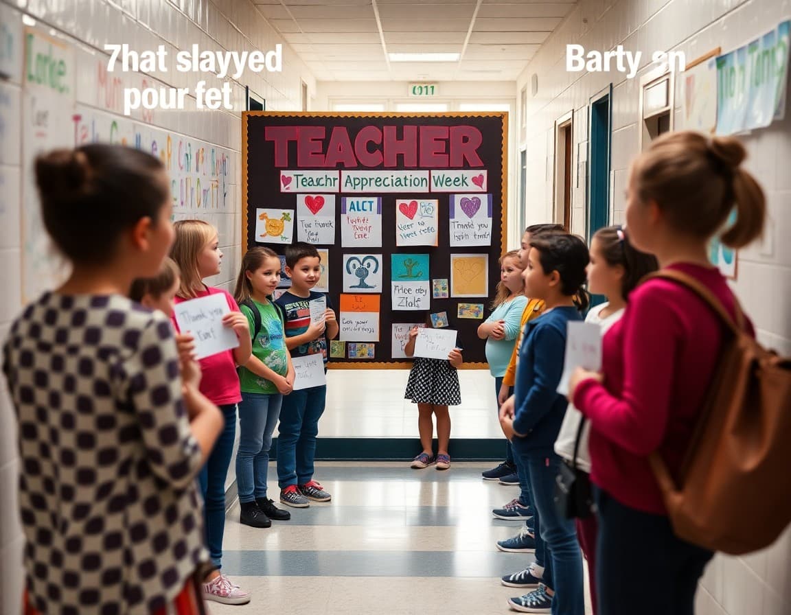 Teacher appreciation week display with student artwork and thank-you notes in school hallway
