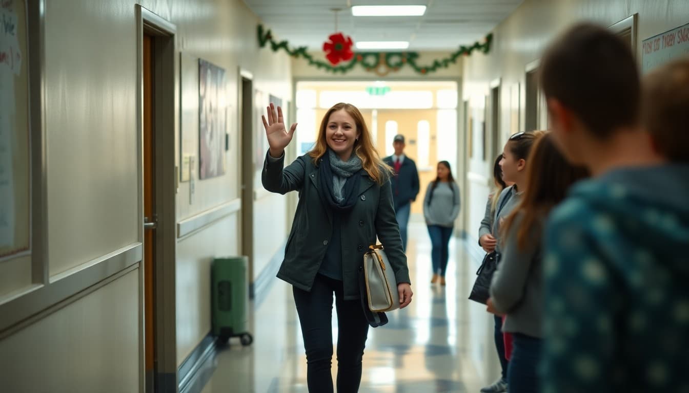 Teacher waving goodbye to students on last day before winter break in decorated school hallway