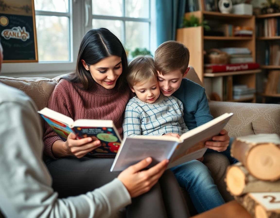 Family reading together on couch at home with winter reading challenge log nearby