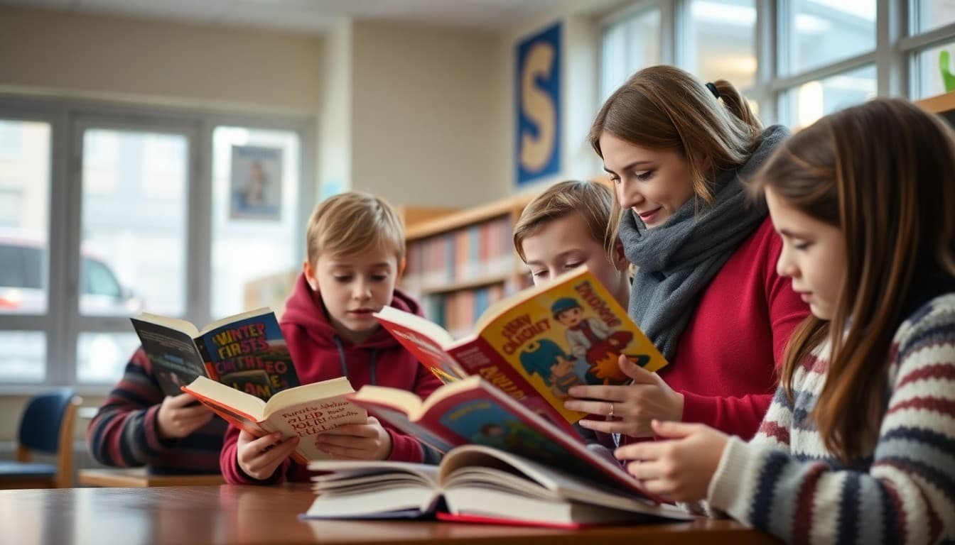 Students and teacher reviewing winter reading challenge books in school library