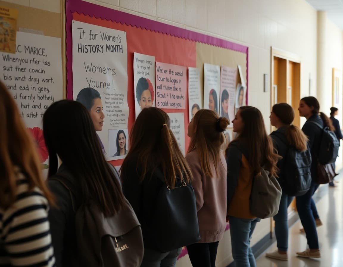 Women's history month student artwork and quotes displayed on school hallway bulletin board