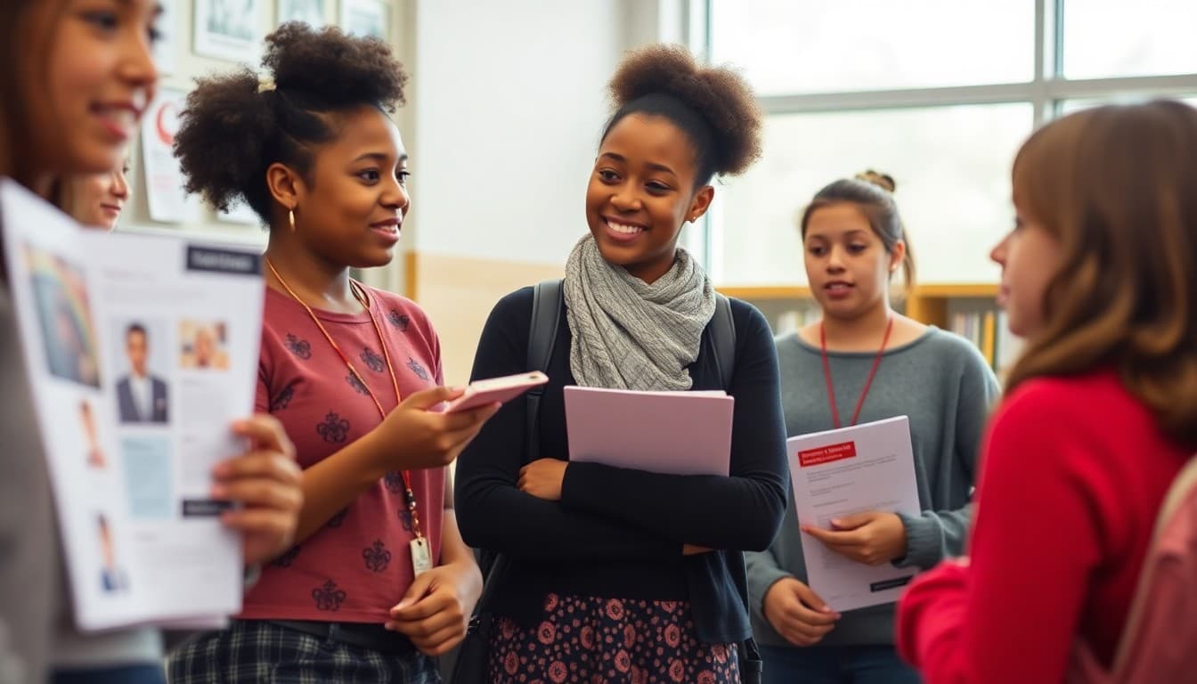 Students presenting women's history month research projects at school library display