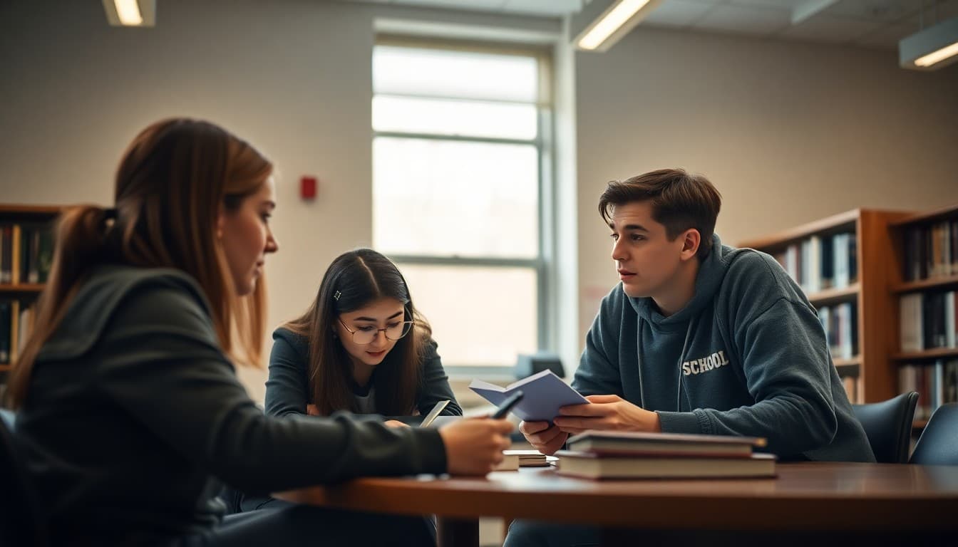 Tutoring center staff working with school students on academic support after school in library setting