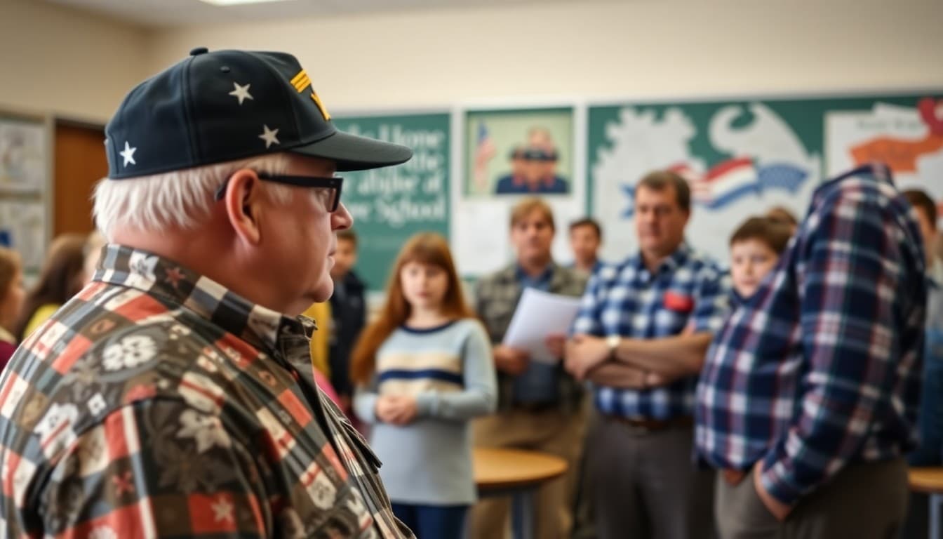 Veterans visiting school for career day or Veterans Day program with students and teachers assembled