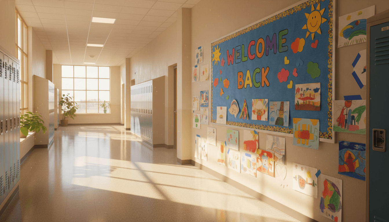 A principal standing at the school entrance greeting students and families on a return-to-school morning after a difficult week