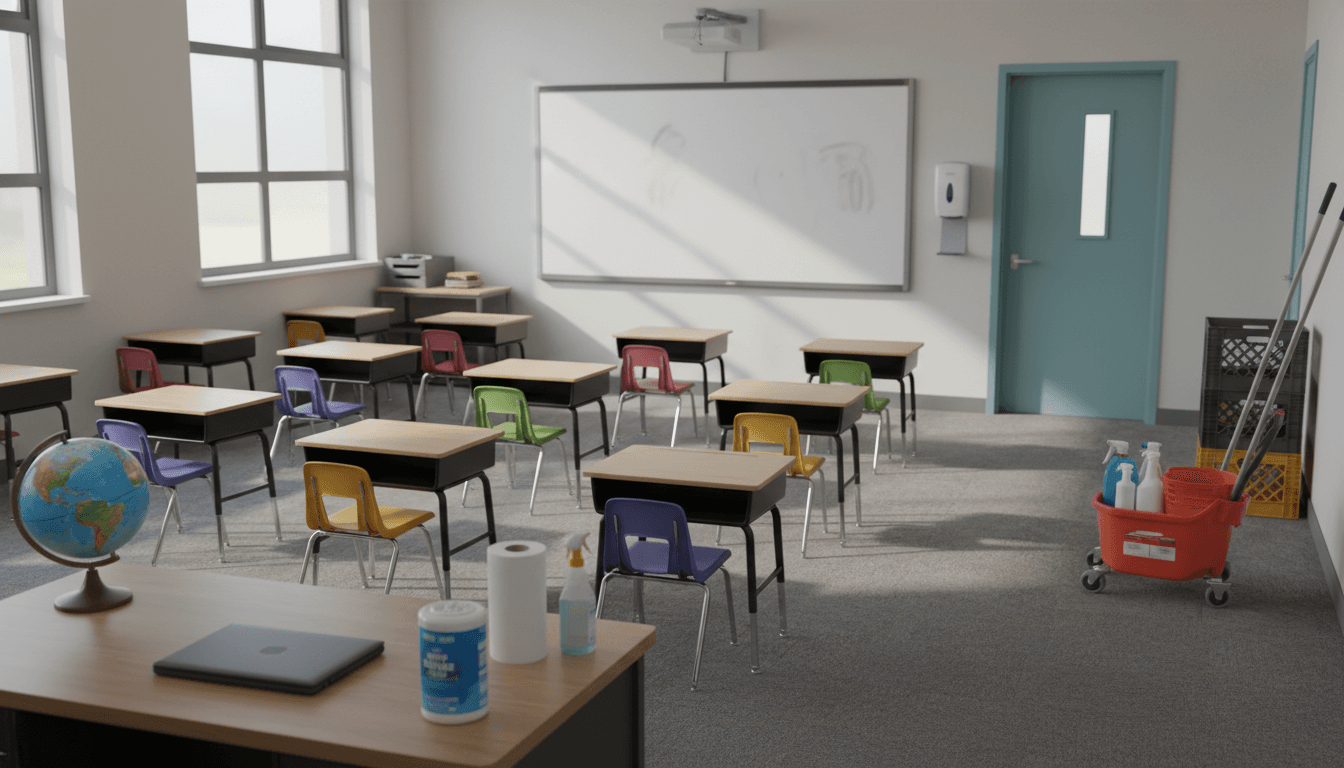 School hallway with open windows and a custodian visible wiping down door handles with a cleaning cloth