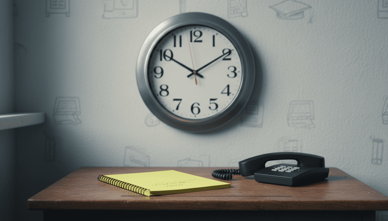 A school clock on a hallway wall with lockers in the background and an empty corridor during an early morning before classes