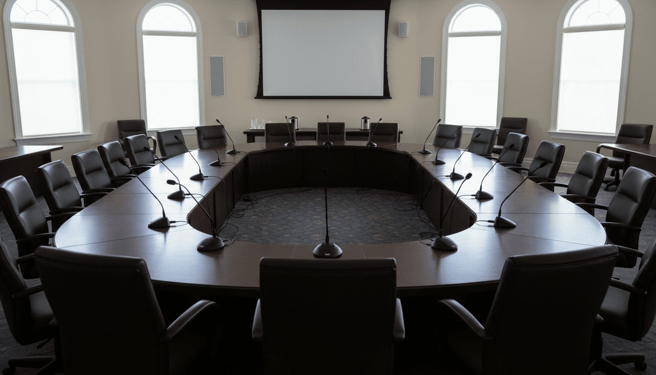 A district administrator at a conference table with school principals reviewing printed documents during a planning session