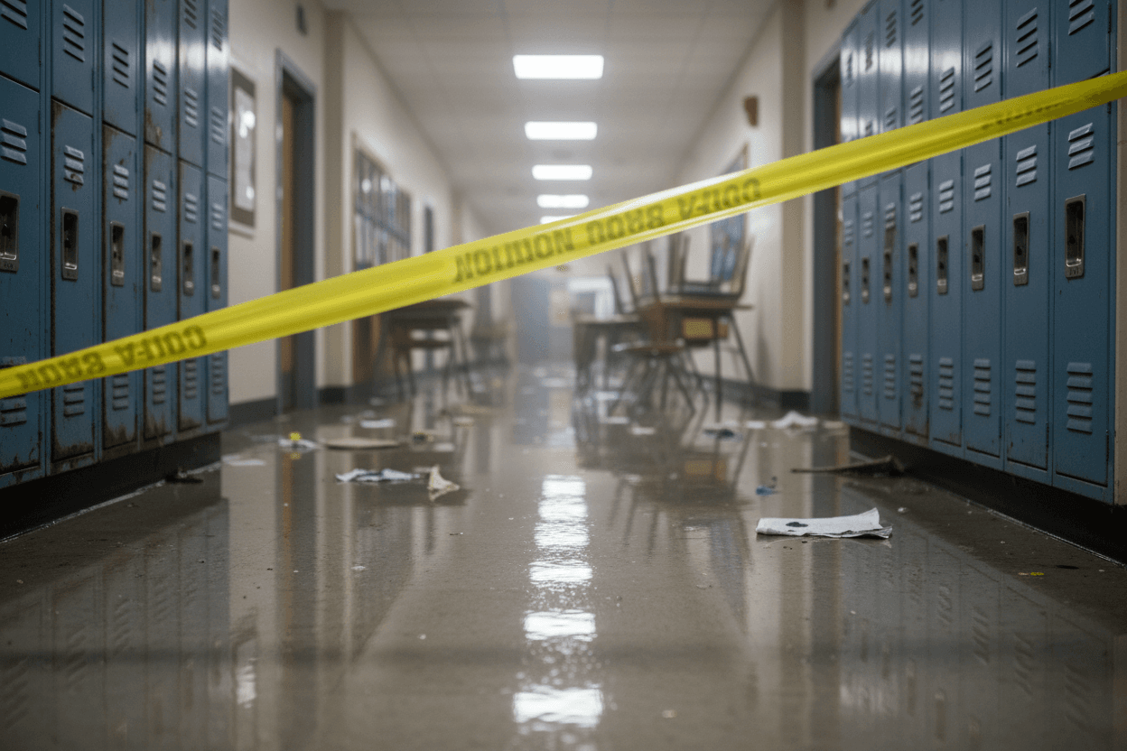 A group of students seated in a community center gymnasium after being evacuated from a flooded school building