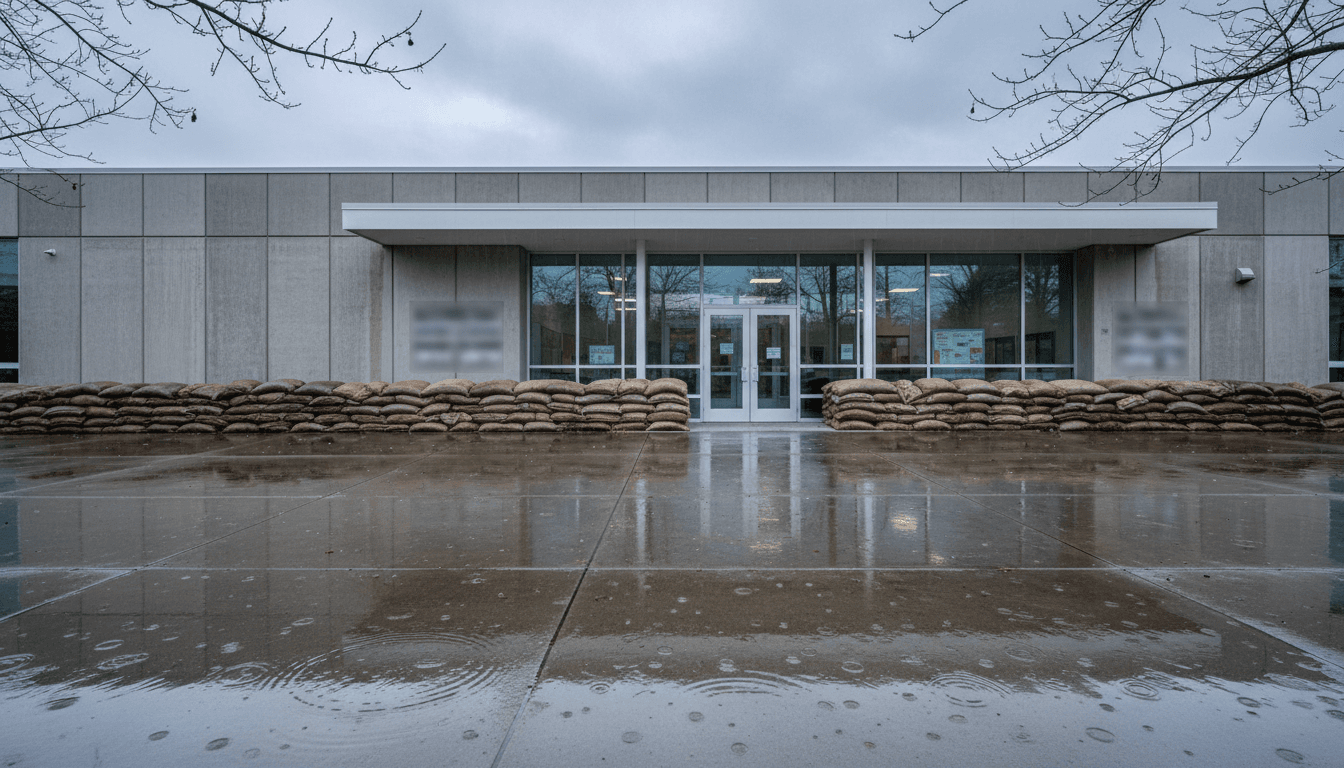 A school parking lot with water covering the ground and students being guided toward buses by staff members