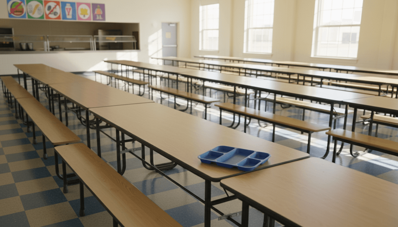 School cafeteria with a nurse and teacher attending to a student at a table while other students look on nearby