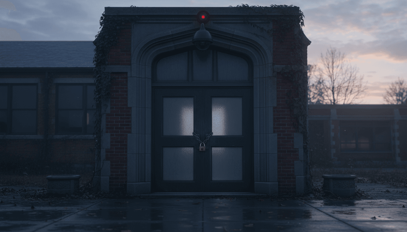 A school principal walking through a school hallway with a police officer reviewing the scene after an overnight break-in