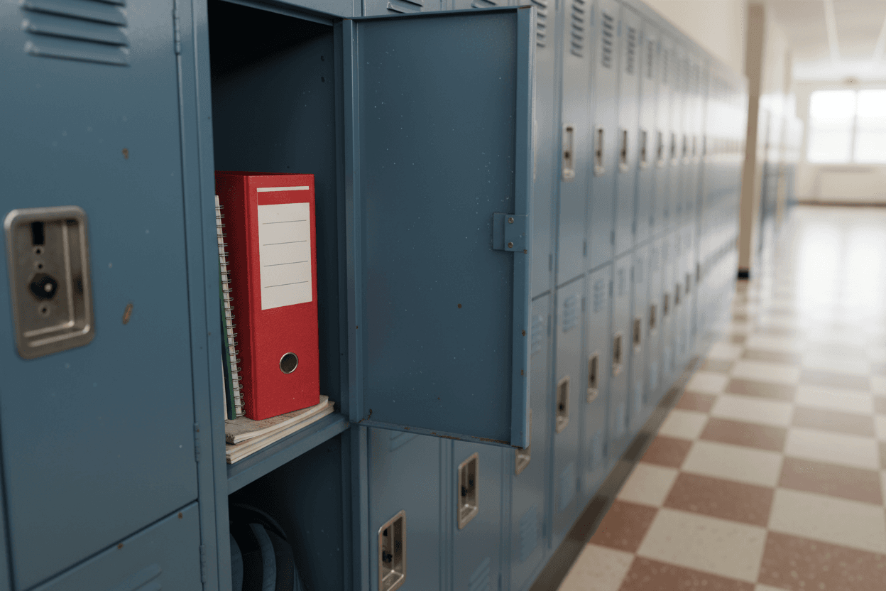 Two school administrators reviewing an incident report together in a school hallway while students pass in the background