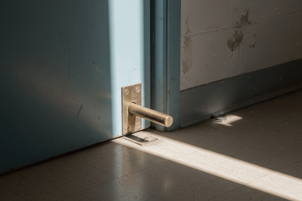 A school administrator on the phone while staff members coordinate in the hallway behind a closed classroom door
