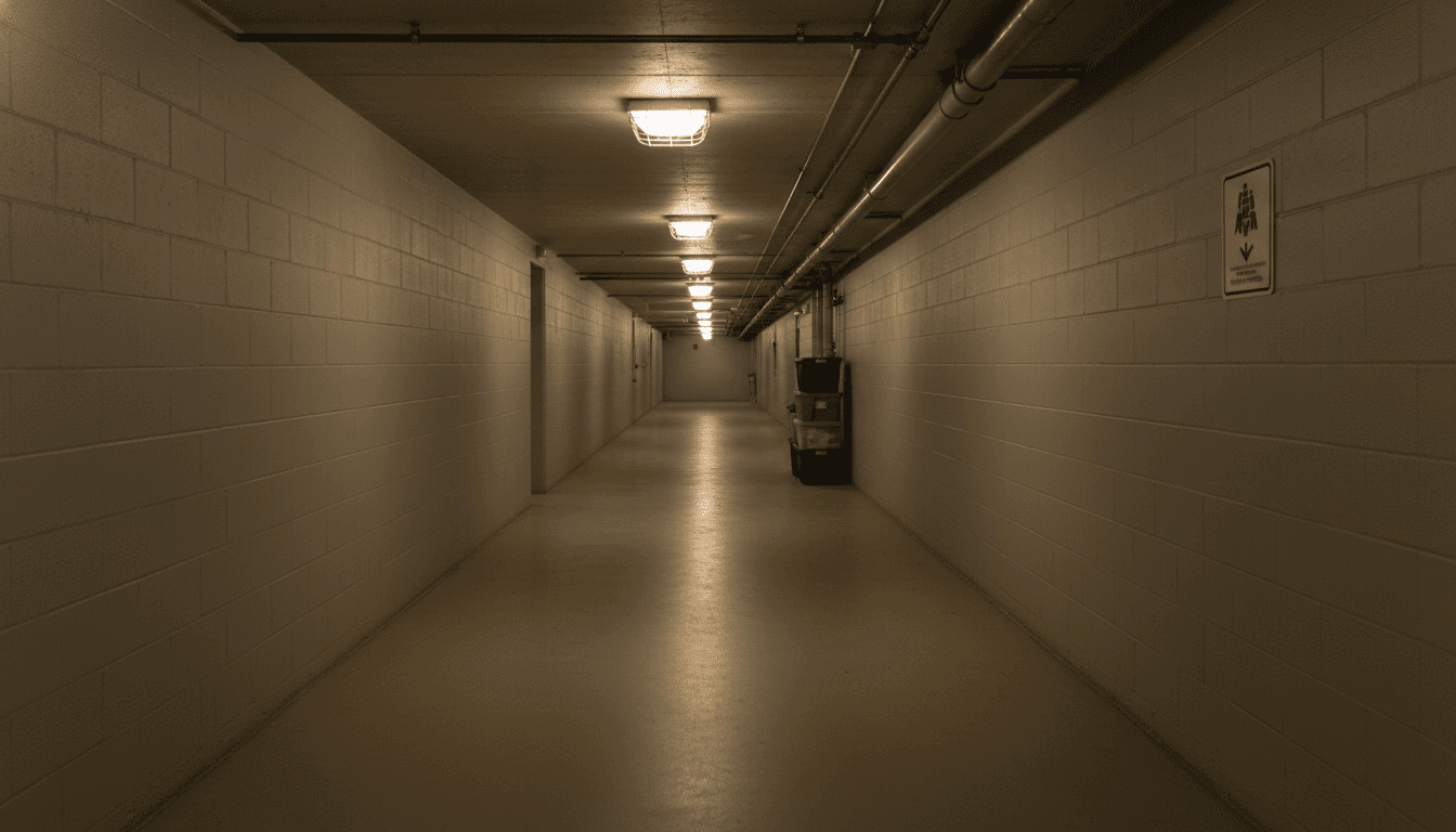 Students sitting in an interior school hallway during a tornado drill, seated against lockers with heads down