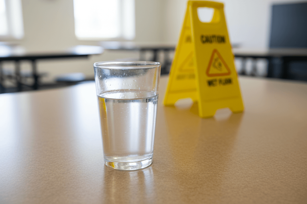 A school nurse reviewing water safety notices with a district administrator at a conference room table