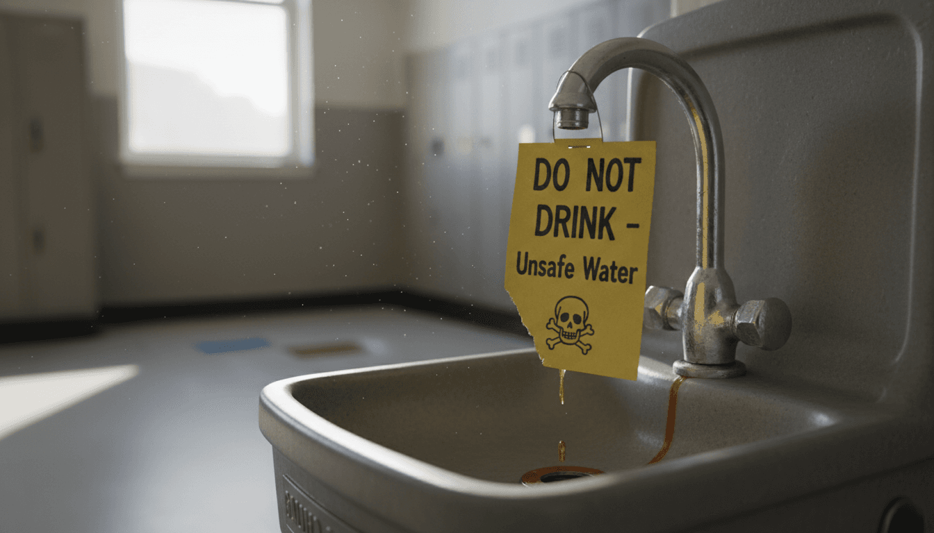 A school water fountain with an out-of-service sign taped to it and bottled water cases stacked in the hallway
