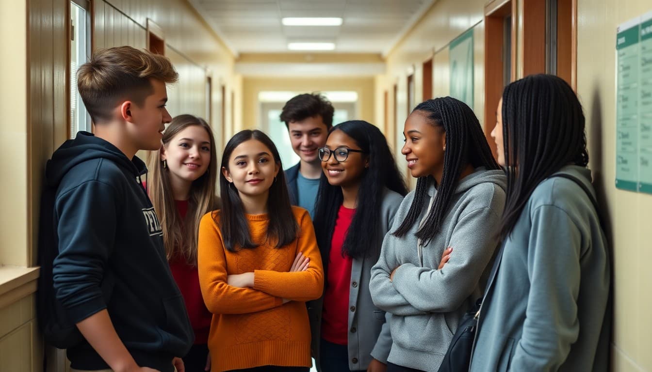 Diverse group of students gathered together in a school hallway sharing a moment of connection