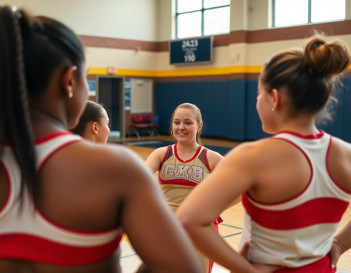 Cheerleading coach reviewing a routine with athletes at a gym practice