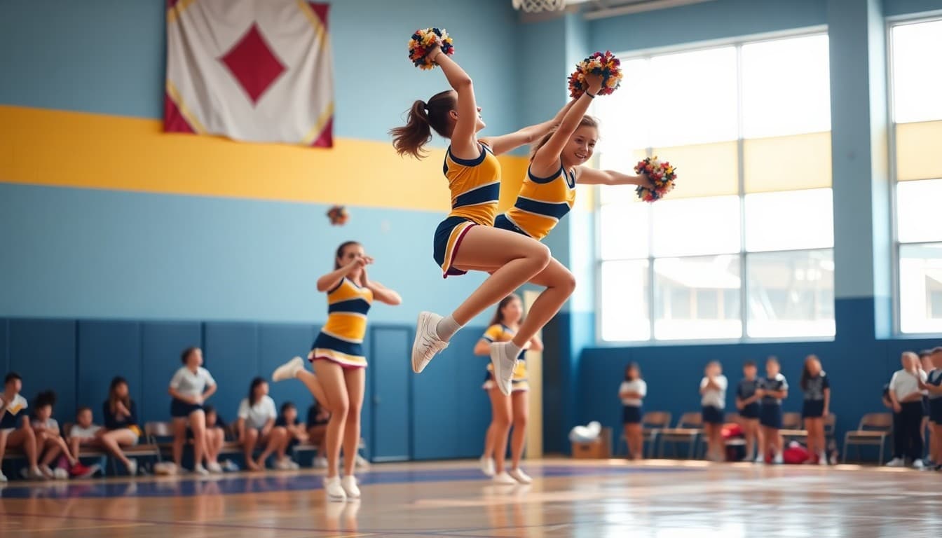 Cheerleading squad performing a stunt routine at a school gym competition