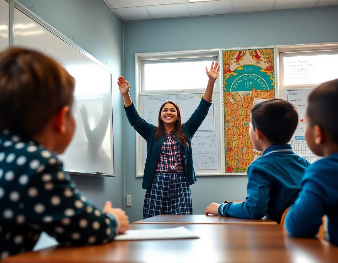 Teacher celebrating student effort and progress at a classroom whiteboard