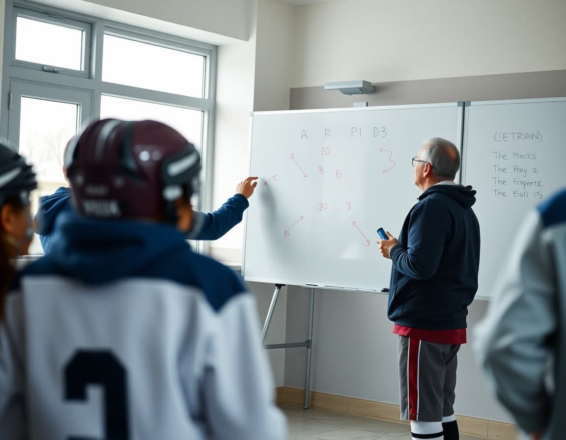 Hockey coach drawing up a play on a whiteboard for the team